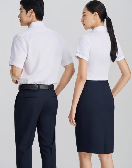 Áo sơ mi đồng phục Nam - Nữ tay ngắn - Trắng viền xanh