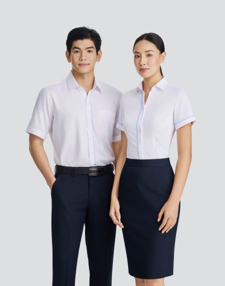 Áo sơ mi đồng phục Nam - Nữ tay ngắn - Trắng viền xanh