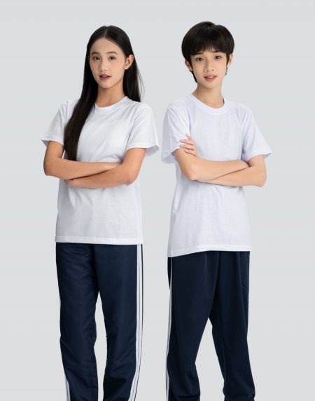 Đồng phục thể dục - áo thun cổ tròn - quần thun sọc trắng