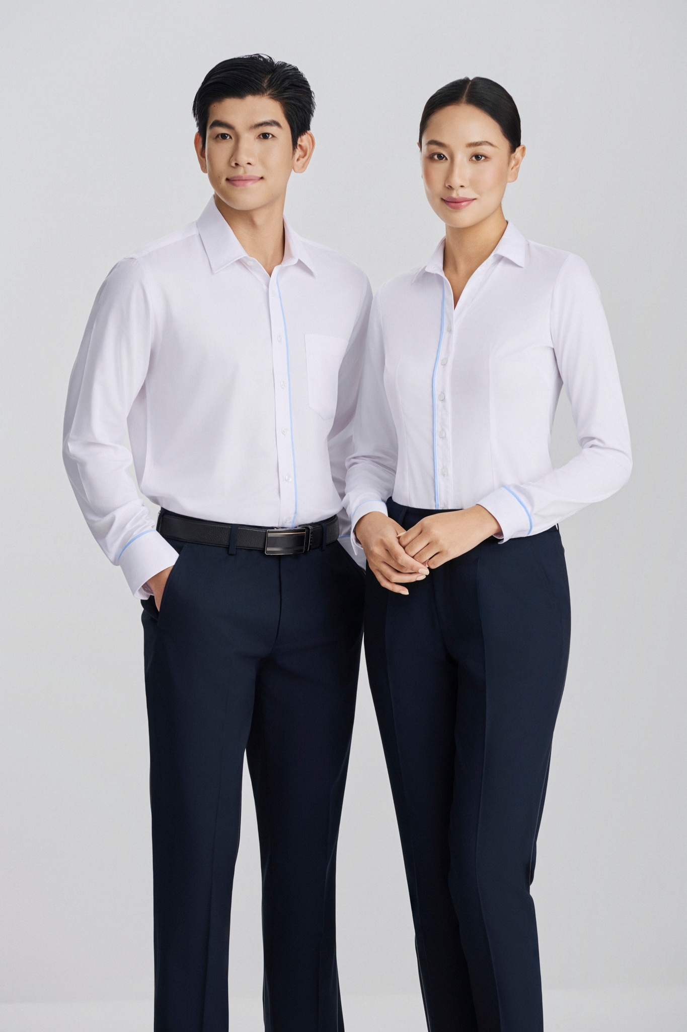 Áo sơ mi đồng phục Nam - Nữ tay dài - Trắng viền xanh 3 Áo sơ mi đồng phục Nam - Nữ tay dài - Trắng viền xanh - hình 2