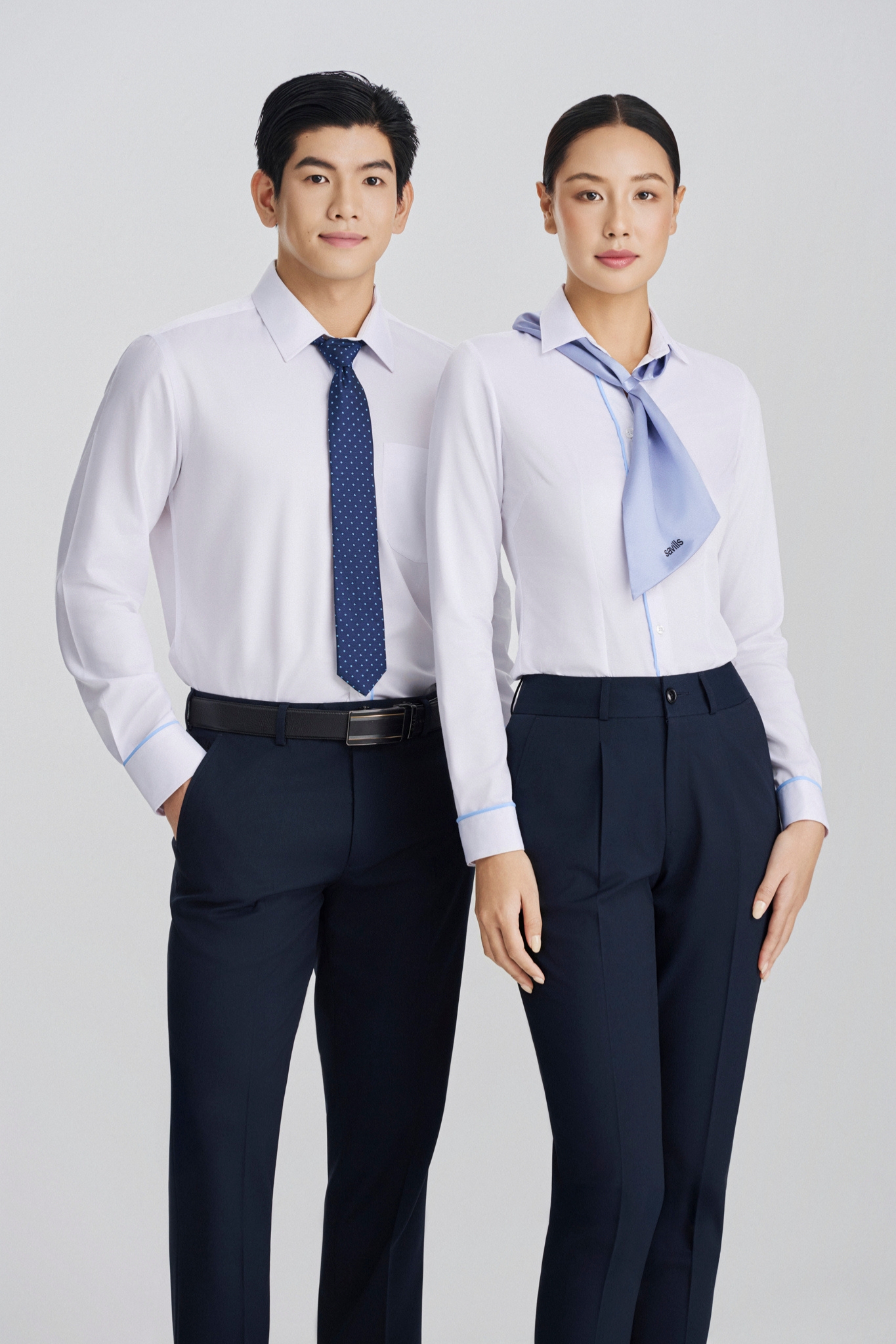 Áo sơ mi đồng phục Nam - Nữ tay dài - Trắng viền xanh 4 Áo sơ mi đồng phục Nam - Nữ tay dài - Trắng viền xanh - hình 3