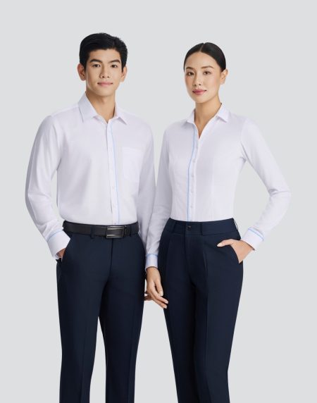 Áo sơ mi đồng phục Nam - Nữ tay dài  - Trắng viền xanh